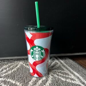 Starbucks 16oz Festive Red White Swirl Plastic Tumbler with Green Lid